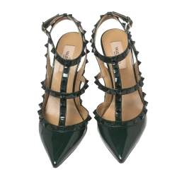 Pre Owned Valentino Dark Green Patent Leather Rockstud Ankle-Strap Pumps Size 37.5