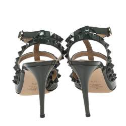 Pre Owned Valentino Dark Green Patent Leather Rockstud Ankle-Strap Pumps Size 37.5