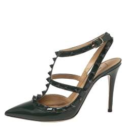 Pre Owned Valentino Dark Green Patent Leather Rockstud Ankle-Strap Pumps Size 37.5