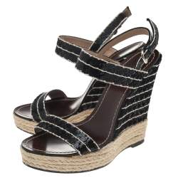 Pre Owned Valentino Black Sequins Ankle Strap Espadrille Wedge Sandals Size 39