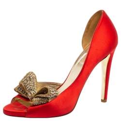 مملوكة مسبقًا Valentino Red Satin Crystal Embellished Bow Dorsay Peep Toe Pumps Size 40