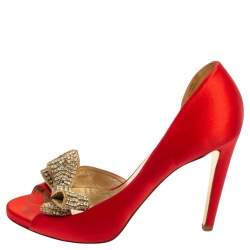 مملوكة مسبقًا Valentino Red Satin Crystal Embellished Bow Dorsay Peep Toe Pumps Size 40