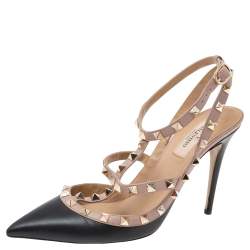 مملوكة مسبقًا Valentino Black/Pink Leather Rockstud Ankle-Strap Pumps Size 38.5