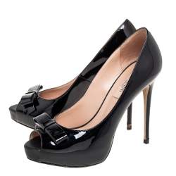 Pre Owned Valentino Black Patent Leather Bow Peep-Toe Platform Pumps Size 36