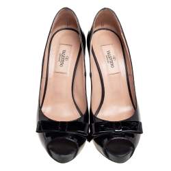 Pre Owned Valentino Black Patent Leather Bow Peep-Toe Platform Pumps Size 36