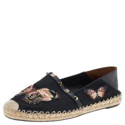 Pre Owned Valentino Black Leather And Canvas Espadrille Flats Size 38