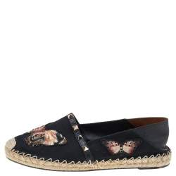 Pre Owned Valentino Black Leather And Canvas Espadrille Flats Size 38