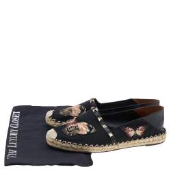 Pre Owned Valentino Black Leather And Canvas Espadrille Flats Size 38