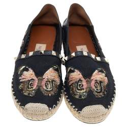 Pre Owned Valentino Black Leather And Canvas Espadrille Flats Size 38