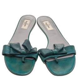 Pre Owned Valentino Green Leather Ribbon Flat Slide Sandals Size 41