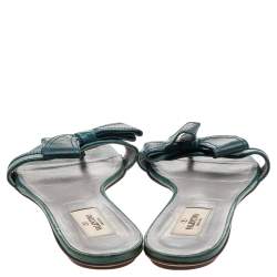 Pre Owned Valentino Green Leather Ribbon Flat Slide Sandals Size 41