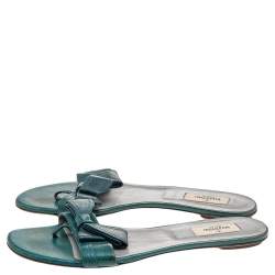 Pre Owned Valentino Green Leather Ribbon Flat Slide Sandals Size 41