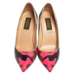 Pre Owned Valentino Tri-Color Camouflage Leather and Canvas Pointed-Toe Pumps Size 37.5