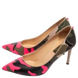 Pre Owned Valentino Tri-Color Camouflage Leather and Canvas Pointed-Toe Pumps Size 37.5