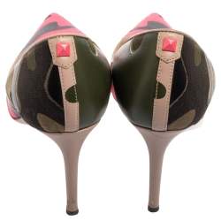 Pre Owned Valentino Tri-Color Camouflage Leather and Canvas Pointed-Toe Pumps Size 37.5