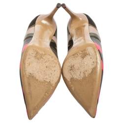 Pre Owned Valentino Tri-Color Camouflage Leather and Canvas Pointed-Toe Pumps Size 37.5