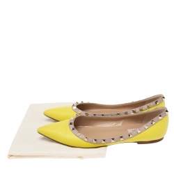 Pre Owned Valentino Lime Yellow Leather Rockstud Ballet Flats Size 38.5