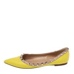Pre Owned Valentino Lime Yellow Leather Rockstud Ballet Flats Size 38.5