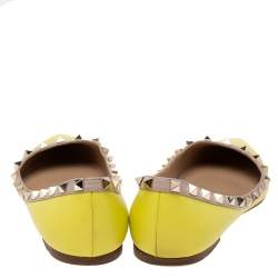 Pre Owned Valentino Lime Yellow Leather Rockstud Ballet Flats Size 38.5