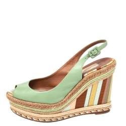Pre Owned Valentino Green Leather Slingback Wedge Sandals Size 39.5
