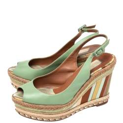 Pre Owned Valentino Green Leather Slingback Wedge Sandals Size 39.5