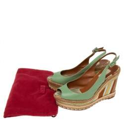 Pre Owned Valentino Green Leather Slingback Wedge Sandals Size 39.5