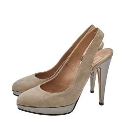 Pre Owned Valentino Dark Beige/Grey Suede and Leather Slingback Platform Sandals Size 38