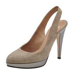 Pre Owned Valentino Dark Beige/Grey Suede and Leather Slingback Platform Sandals Size 38