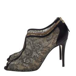 Pre Owned Valentino Black Lace Embellished Peep Toe Booties Size 42