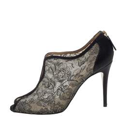 Pre Owned Valentino Black Lace Embellished Peep Toe Booties Size 42