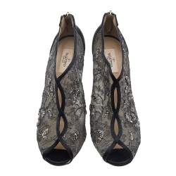 Pre Owned Valentino Black Lace Embellished Peep Toe Booties Size 42
