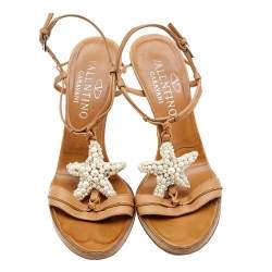 Valentino Vintage Tan Leather Embellished Ankle Strap Sandals Size 37