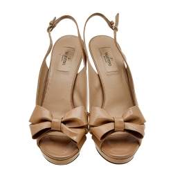 Pre Owned Valentino Beige Patent Leather Bow Slingback Platform Sandals Size 39
