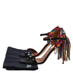 Pre Owned Valentino Black Suede Rockstud Rolling Multicolor Fringe Sandals Size 35.5