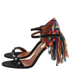 Pre Owned Valentino Black Suede Rockstud Rolling Multicolor Fringe Sandals Size 35.5