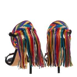 Pre Owned Valentino Black Suede Rockstud Rolling Multicolor Fringe Sandals Size 35.5