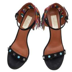 Pre Owned Valentino Black Suede Rockstud Rolling Multicolor Fringe Sandals Size 35.5