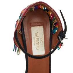 Pre Owned Valentino Black Suede Rockstud Rolling Multicolor Fringe Sandals Size 35.5