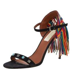 Pre Owned Valentino Black Suede Rockstud Rolling Multicolor Fringe Sandals Size 35.5