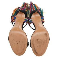 Pre Owned Valentino Black Suede Rockstud Rolling Multicolor Fringe Sandals Size 35.5