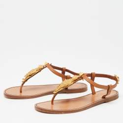 Pre Owned Valentino Brown Leather Scarab Thong Flat Sandals Size 36.5