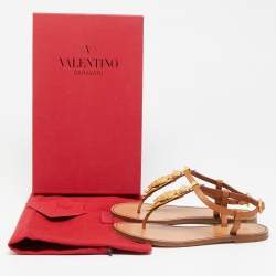 Pre Owned Valentino Brown Leather Scarab Thong Flat Sandals Size 36.5