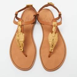 Pre Owned Valentino Brown Leather Scarab Thong Flat Sandals Size 36.5