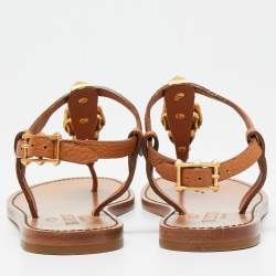 Pre Owned Valentino Brown Leather Scarab Thong Flat Sandals Size 36.5