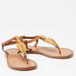 Pre Owned Valentino Brown Leather Scarab Thong Flat Sandals Size 36.5