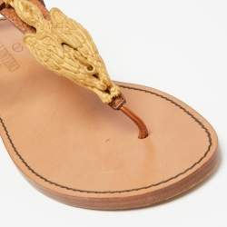 Pre Owned Valentino Brown Leather Scarab Thong Flat Sandals Size 36.5