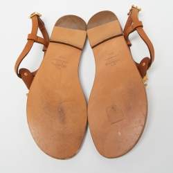 Pre Owned Valentino Brown Leather Scarab Thong Flat Sandals Size 36.5