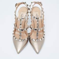 Pre Owned Valentino Dusty Pink Leather Rockstud Ankle-Strap Pumps Size 38.5