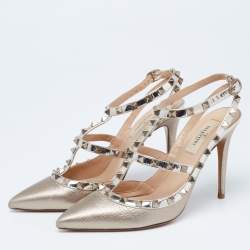 Pre Owned Valentino Dusty Pink Leather Rockstud Ankle-Strap Pumps Size 38.5