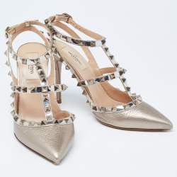 Pre Owned Valentino Dusty Pink Leather Rockstud Ankle-Strap Pumps Size 38.5